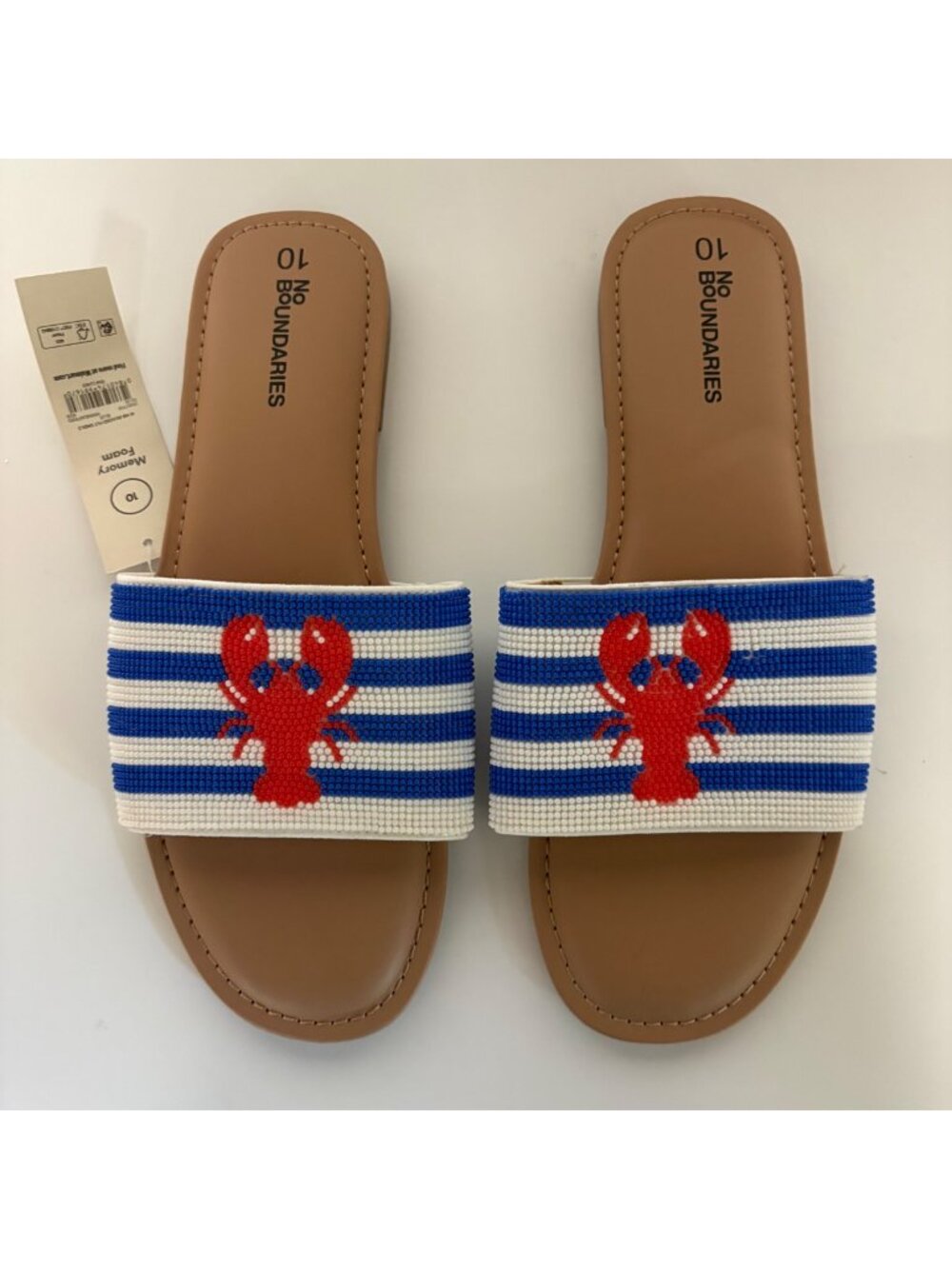 No Boundaries Beaded Lobster Slide Sandals Womens Size 10 Blue White Stripe Shoe